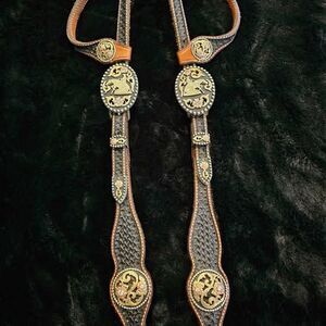 Reiner 2 earred head stall with silver and copper conchos and crystals.